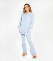 Justyouroutfit Pale Blue Ribbed Split Hoodie and Flared Trousers Set